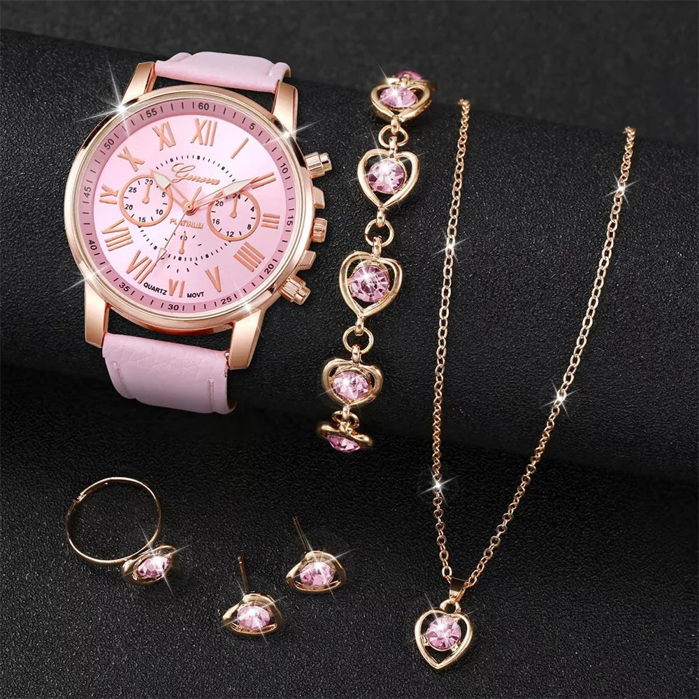 BREDA – Roman Dial Leather Watch & Rhinestone Jewellery Set – 091